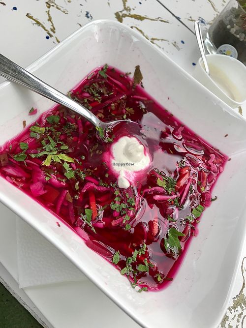 Raw borsch soup  at Samsara in Cluj-napoca