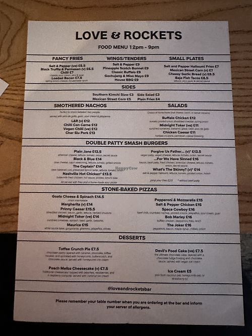 Menu  at Love & Rockets in Liverpool