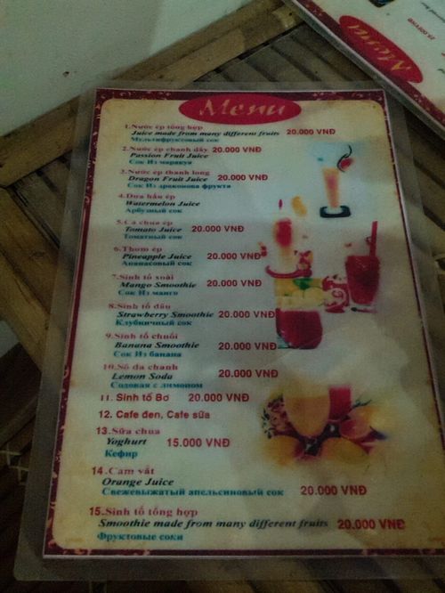 Drink menu  at Vi Dieu in Phan Thiet