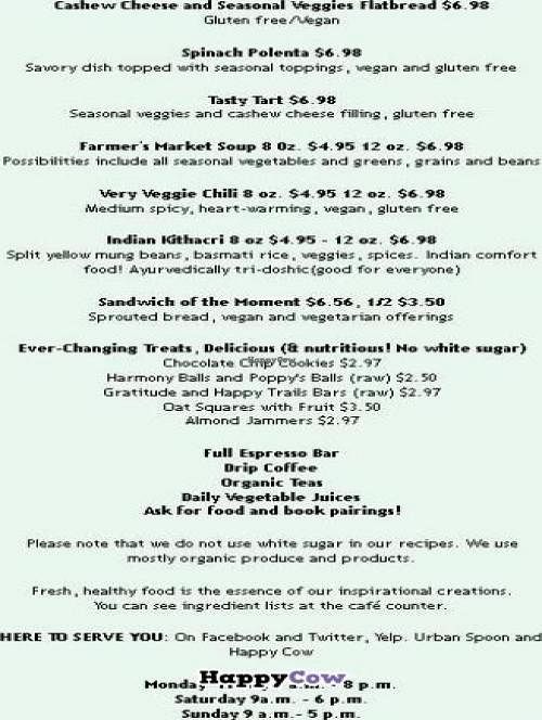 Menu - pg 2 at Breathe Bookstore Cafe in Baltimore