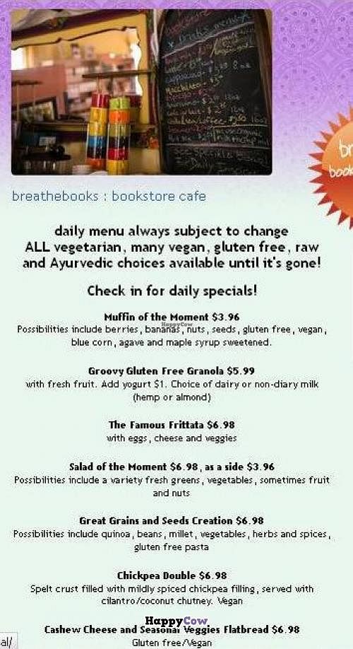 Menu - page 1 close-up at Breathe Bookstore Cafe in Baltimore