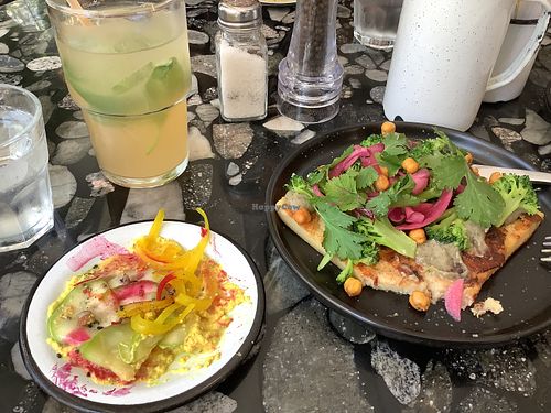 Vegan faina, pomelo juice with basil, crudite appetizer  at Flora  in Montevideo