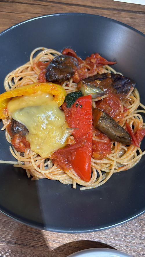 Spaghetti with eggplant and vegan cheesee  at Vegan Eat Tokyo in Tokyo