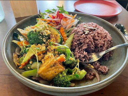 Lunch special black pepper tofu rice. at Khu Khu CBD in Auckland