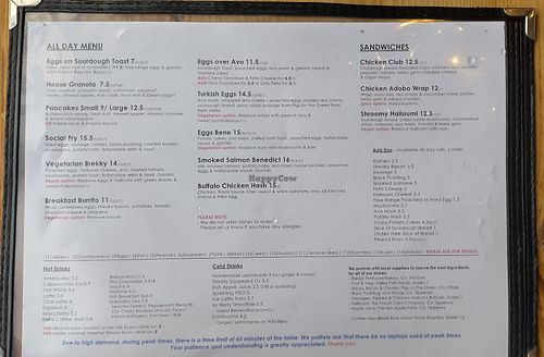 Menu as of April 2025 at Social Fabric Café in Dublin