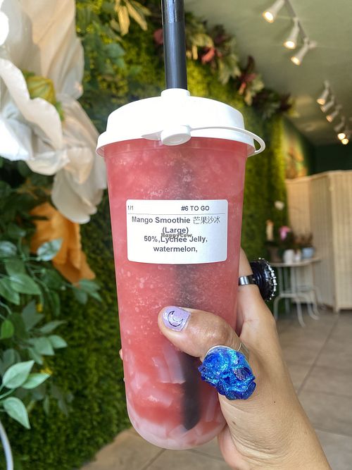 Watermelon Slushie w/Fresh Fruit and Vegan Friendly Lychee 😛💕 Awesome Service. Highly Recommend!  at Tea O'clock in San Leandro