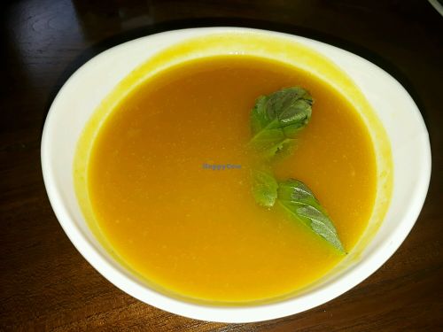 Tomato and pumpkin soup at Suananda Vegetarian Garden in Bangkok