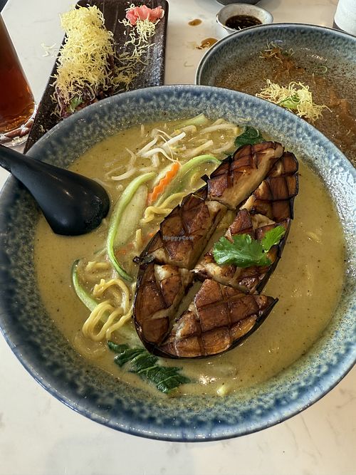 Green curry ramen with Aubergine (aka eggplant)   at Origami - Napier in Napier
