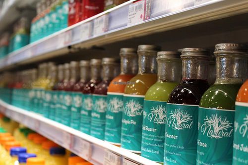 A picture of our juices displayed at Natural Grocers in Fayetteville, AR. at Berry Natural in Fayetteville
