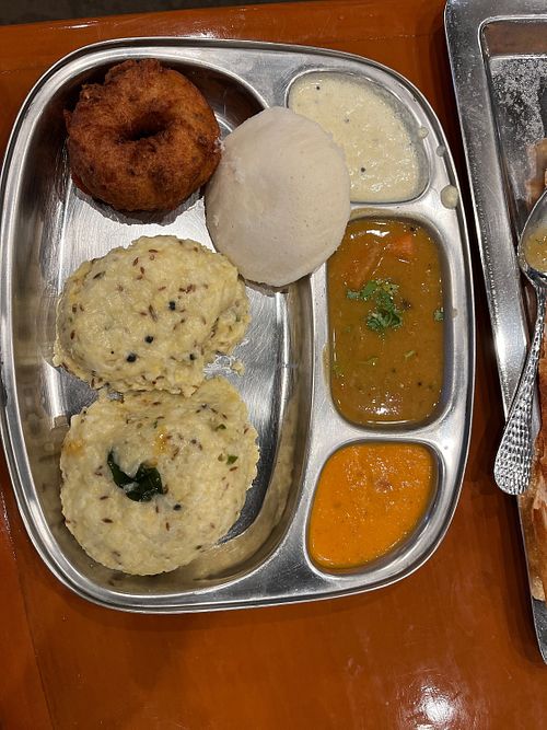 Mix plate with idli pongal vada  at Nala's Kitchen in Plymouth