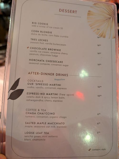 Dessert Menu at PLANTA Cocina in Washington
