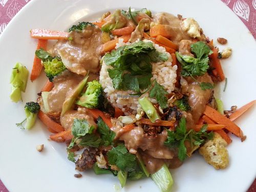 Stir-fry with tofu in satay sauce - delicious! Moose's Kitchen at Moose's Kitchen in Hastings