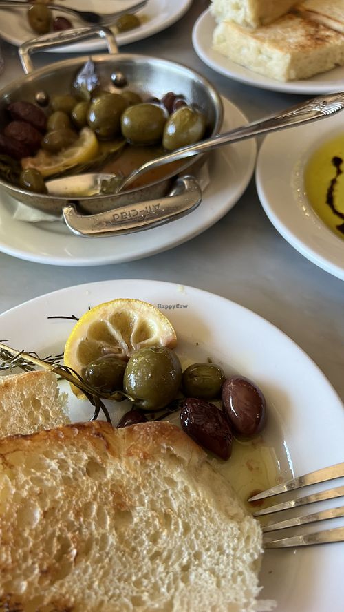 Roasted Olives & Focaccia w/ Olive Oil and Balsamic Vinegar at Hearth & Table in Lincoln City