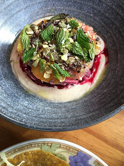 Whipped tahini, beets, citrus, mint, cacao nibs and pumpkin seeds. Delicious, inventive combination of flavors and textures! at Costa Media by Cafe Louis in Camden
