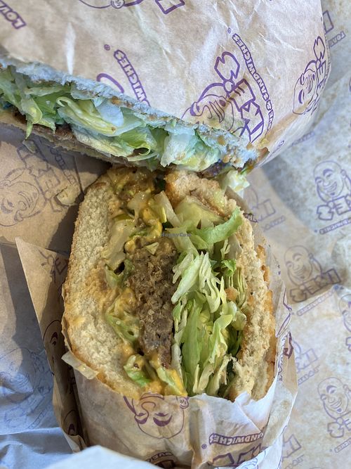 “Ray Kroc:” vegan meatloaf, pepper jack cheese   at Ike's  in La Jolla