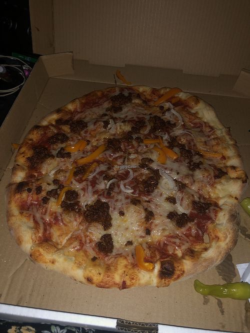 Vegan cheese, soyrizo, bell pepper, and onion   at Flakey's Pizza - Food Truck in Houston