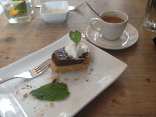 peanut butter pie with a pretzel crust and chocolate espresso topping.  at enVie A Vegan Kitchen in Halifax