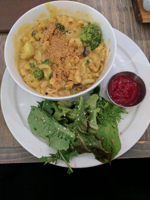 Mac & cheeze with homemade beet ketchup at enVie A Vegan Kitchen in Halifax