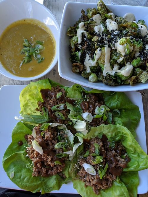corn chowder (small size), crispy Brussels sprouts and crumbled-soy lettuce wraps at enVie A Vegan Kitchen in Halifax