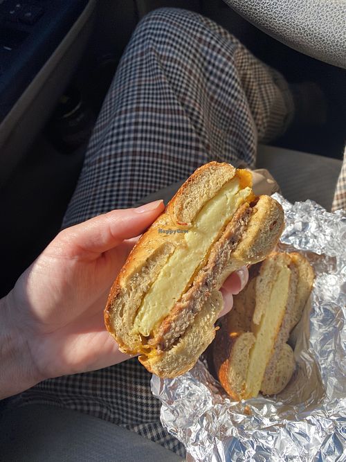 Vegan sausage, egg & cheese on a Sundried tomato bagel.   at Beach Bagels & Subs - S College Rd in Wilmington
