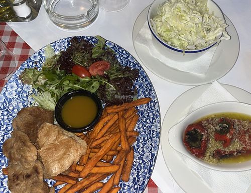 the "shaorma" (seitan) with sweet potato fries and a salad, with a side of cabbage salad and roasted peppers and garlic (although these weren't as "charred" as i was expecting!)  at Mali Vrabac in Belgrade