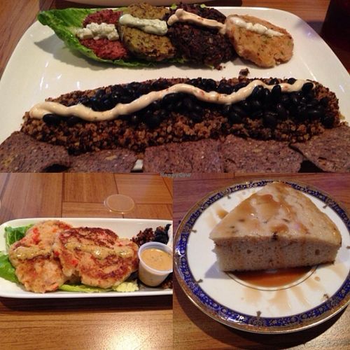 top:  four vegan burger sampler with black beans and quinoa
bottom left:  vegan crab cakes
bottom right:  vegan lavender cake with a caramel drizzle at Urban Vegan Cafe in Hilton Head Island