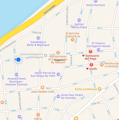 this is the actual location, 4 blocks west of what the map shows.  at Santuario del Yoga in Cartagena