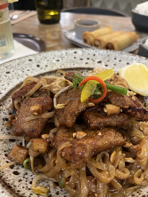 Vegan pad thai and spring rolls  at Bo Rarn in Adelaide
