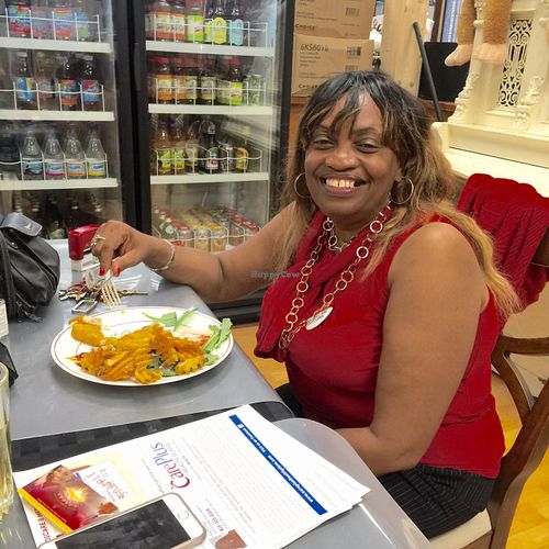 Kathy Hair enjoying @gardein fish less filets for lunch. at Vegan Take Out Plus in Tampa