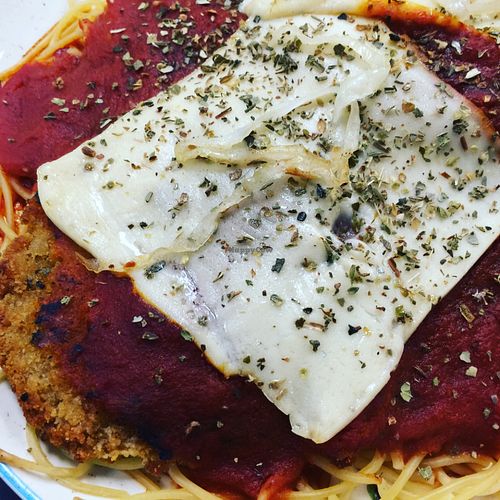BREADED CHICK PARM PASTA WITH REAL GARLIC BREAD$6.99 SPECIAL! at Vegan Take Out Plus in Tampa