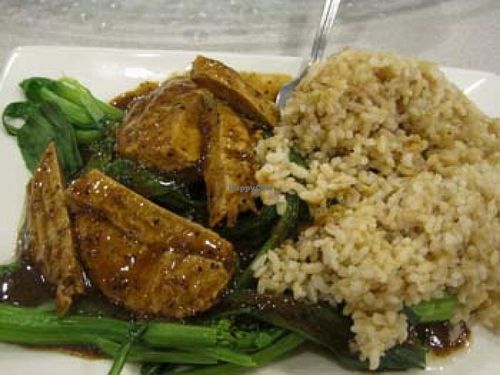 Veg Chicken with Chinese Green Vegetables in Black Pepper Sauce at The Original Buddha Bodai - Kosher Vegetarian Restaurant in New York City