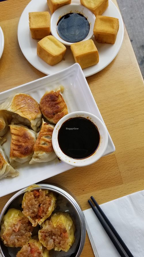 Fried bean curd, vegetable fried dumpling, sticky rice shumai at The Original Buddha Bodai - Kosher Vegetarian Restaurant in New York City