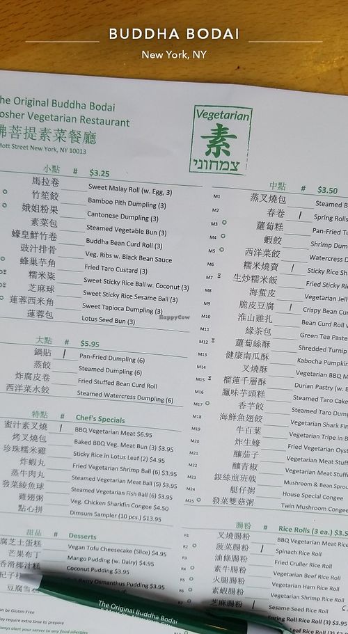 Dim sum menu at The Original Buddha Bodai - Kosher Vegetarian Restaurant in New York City