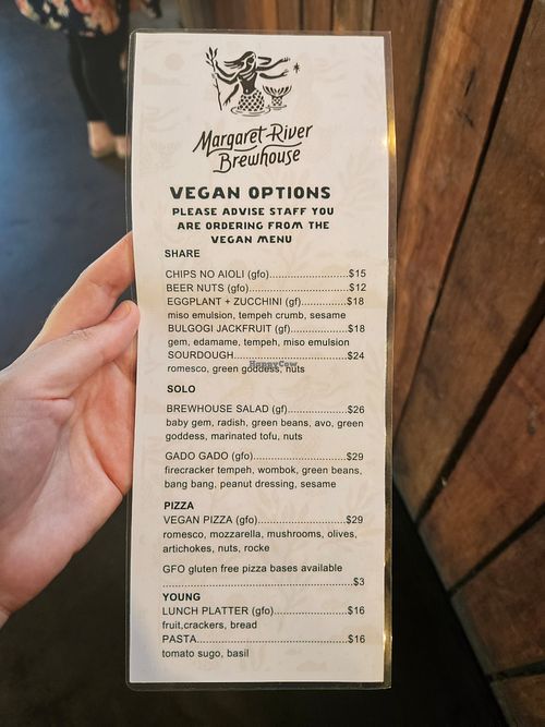 Vegan menu Jan 2026 at Margaret River Brewhouse in Margaret River