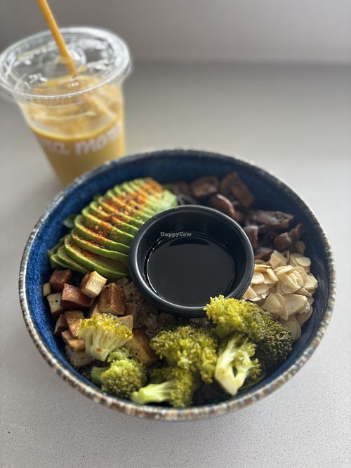 Teriyaki tofu bowl and turmeric mango smoothie   at Mora Mora  in Mexico City