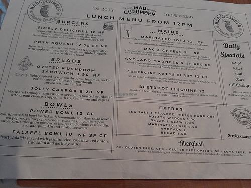 Menu at Mad Cucumber in Bournemouth