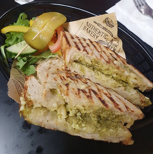 Cheese & pesto toastie at Moon Chi Crystal Shop in Eccles