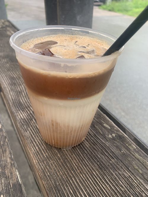 Iced oat latte with caramel syrup  at Sizergh Castle in Kendal