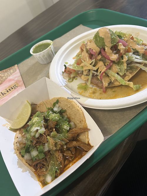 Burris Taco & Mushroom Tostada Ordee  at Cena Vegan in Whittier