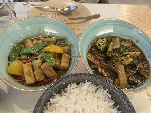 Chilli garlic tofu (left) and Four treasure vegetable (right)  at La Piedra in 