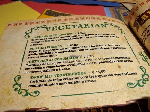 veg menu at Taco y Tequilla in Faro