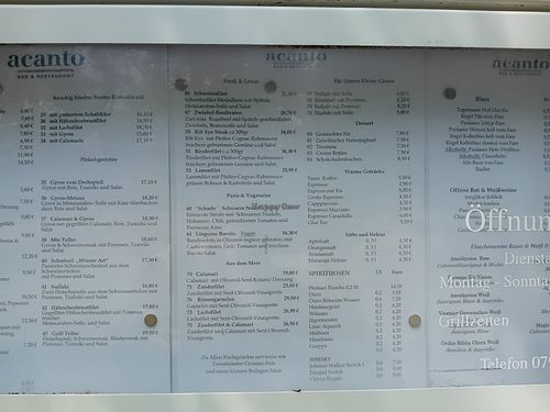 Menu displayed outside (July 2025): one vegan dish (61 Linguine Rucola) ... they have a few more apparently vegan options online (vegetable side dishes) ... expensive at Acanto  in Crailsheim