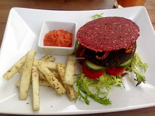 Raw vegan burger with raw fries and ketchup at Plevel in Prague
