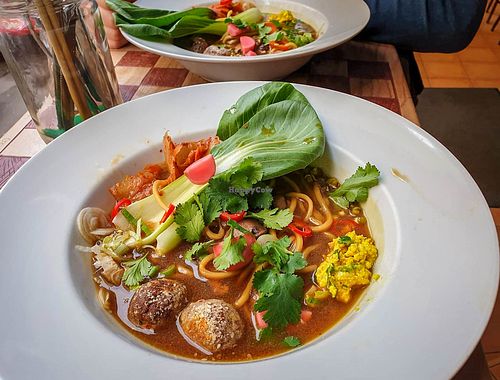 ramen with tempeh balls and pickled radishes at Plevel in Prague