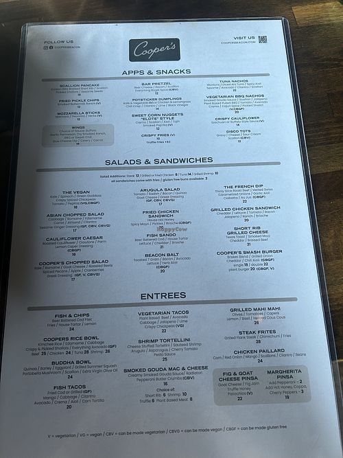 Food menu  at Cooper's in Beacon