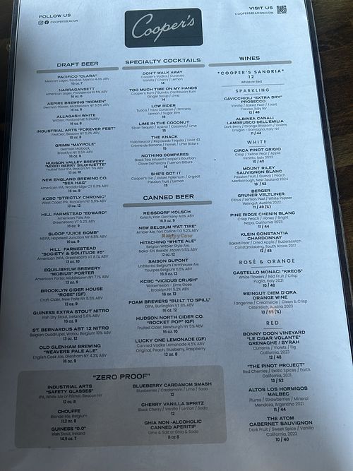 Drink menu  at Cooper's in Beacon