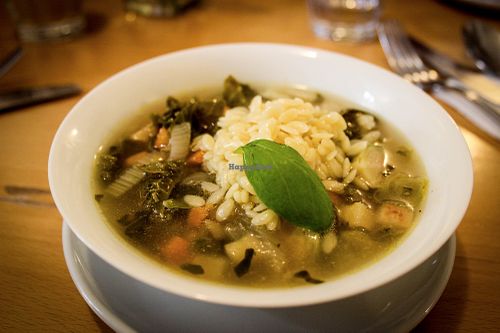 lunch menu - vegetable broth with brussels sprouts and orzo at Estrella in Prague
