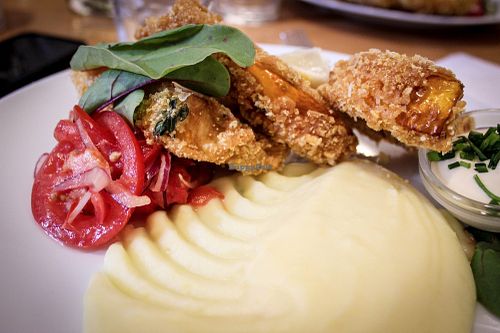 lunch menu - deep fried pumpkin with almond-potato mash and tomato salad at Estrella in Prague