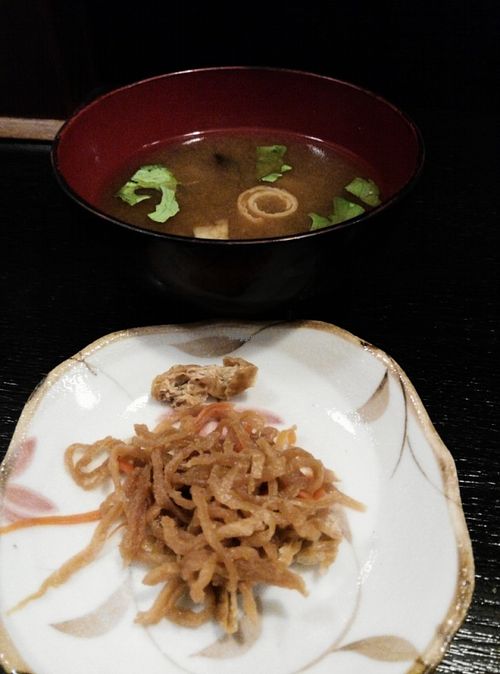 Miso soup - made from 4 types of miso.
Dried daikon shreds at Kinatei 喜菜亭 in Nara