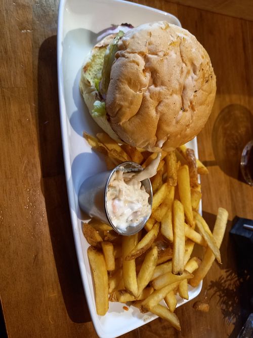 Vegan Burger with Chips. at The Pen And Pencil in Manchester